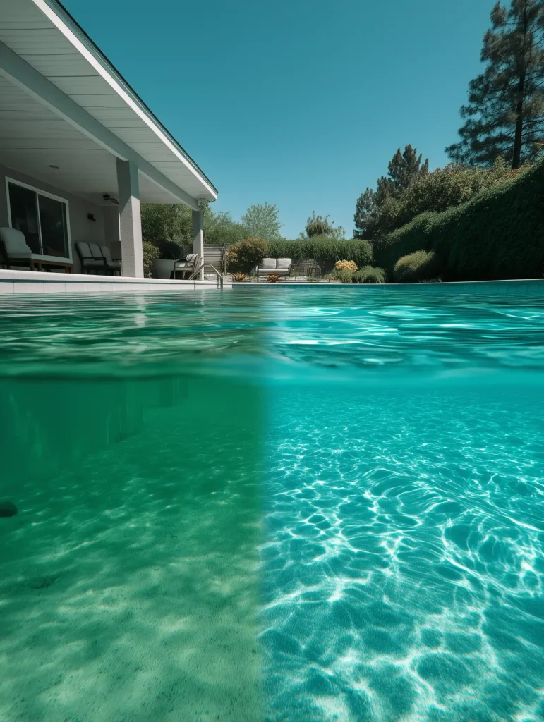 Piscina con agua turbia u oscura versus piscina con el agua cristalina.